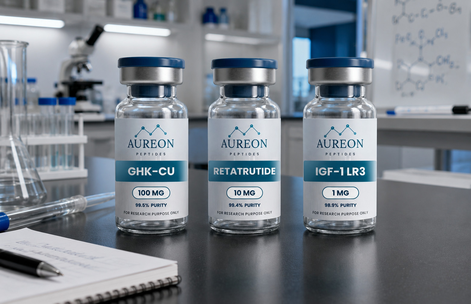AUREON research vials on a laboratory bench